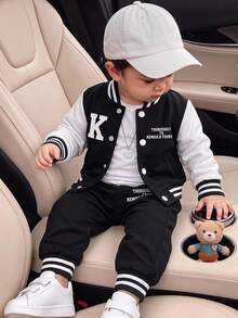 2pcs Baby Boys Jacket Set Sporty Black White Colorblock Letter Print Long Sleeve Hooded Loose Fall Back To School School Autumn Winter - Multicolor - View 1