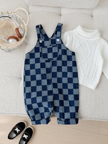 Baby Boy Casual Fashion Versatile Checkerboard Pattern Overalls - Blue - View 4