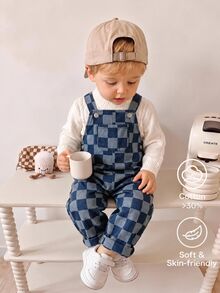 Baby Boy Casual Fashion Versatile Checkerboard Pattern Overalls - Blue - View 2