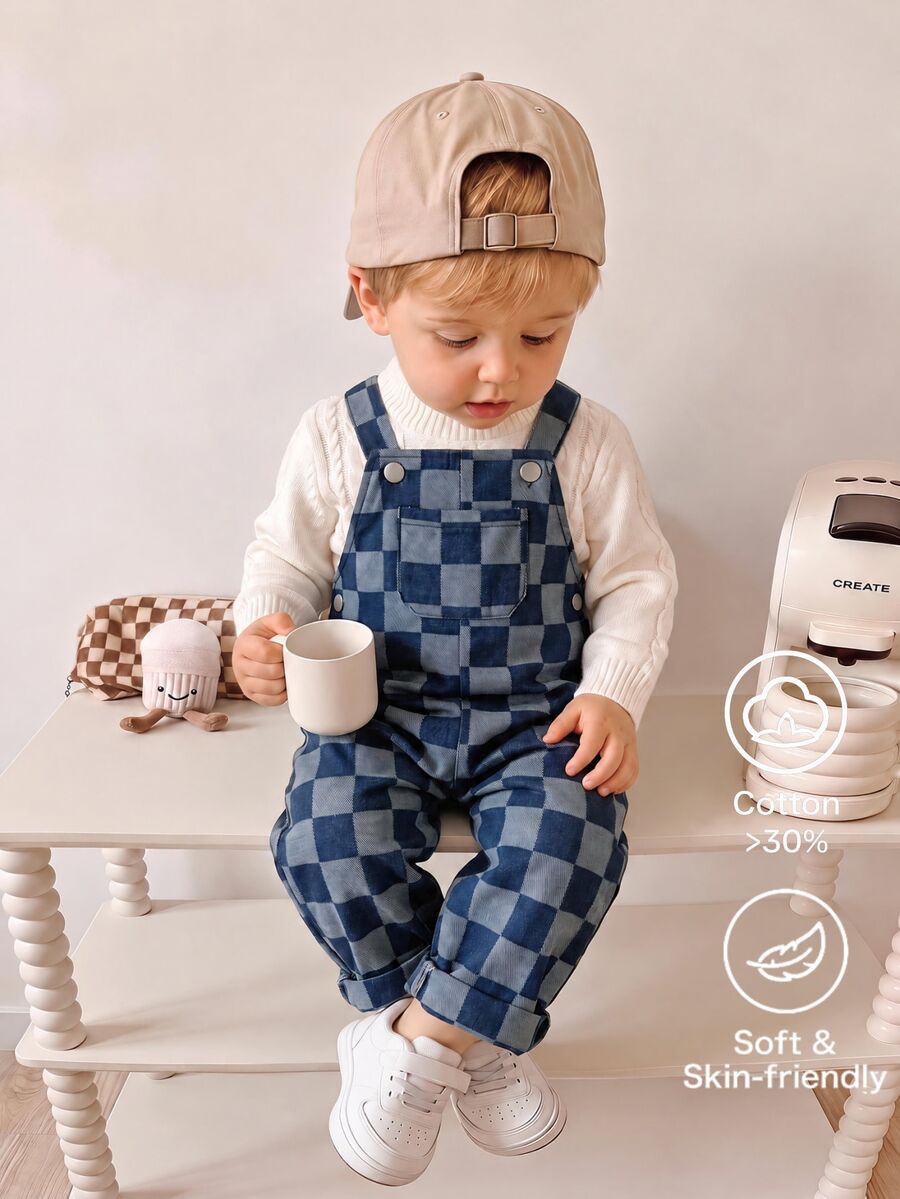 Baby Boy Casual Fashion Versatile Checkerboard Pattern Overalls