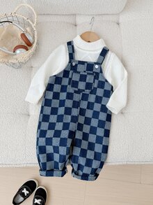 Baby Boy Casual Fashion Versatile Checkerboard Pattern Overalls - Blue - View 3