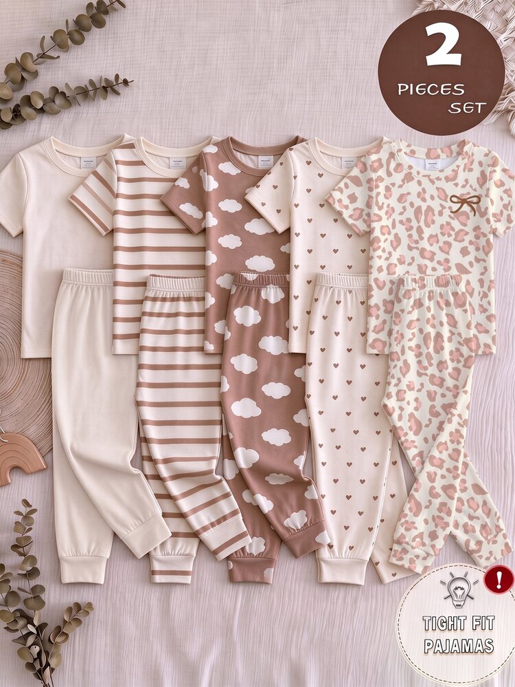 Tween Girl Casual Minimalist Milk Tea Color Leopard Print Bow, Sweet Creamy Style, Comfortable Short Sleeve Long Pants Patchwork Leg Opening Snug Fit Loungewear Suitable For Spring Summer Autumn Winter, Graphic, Squishy, Kawaii, Cozy - Multicolor - View 2
