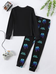 SHEIN 男童螢光印花長袖長褲修身居家服 - 彩色 - 查看 2