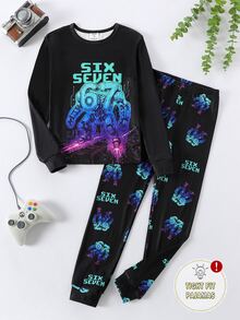SHEIN 男童螢光印花長袖長褲修身居家服 - 彩色 - 查看 6