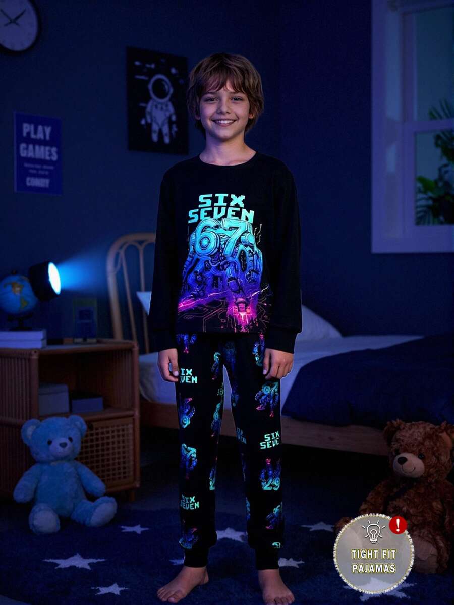 SHEIN Boys' Glow-In-The-Dark Print Long Sleeve Long Pants Snug Fit Loungewear - Multicolor - View 1