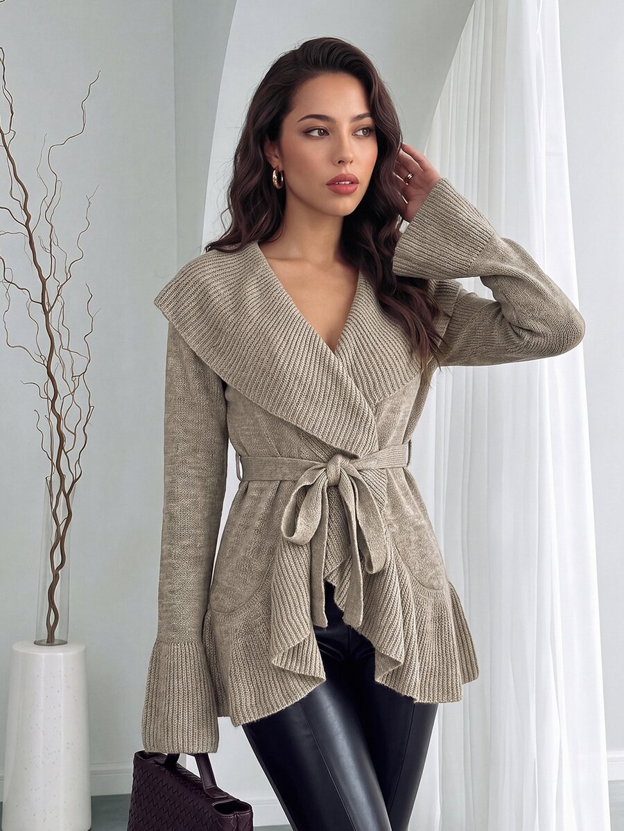 Rafferiza Women's Basic Minimalist Casual Elegant French Fashion Romantic Tie-Front Cardigan Office Brunch Khaki Autumn - Camel - View 1