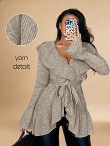Rafferiza Women's Basic Minimalist Casual Elegant French Fashion Romantic Tie-Front Cardigan Office Brunch Khaki Autumn - Camel - View 4