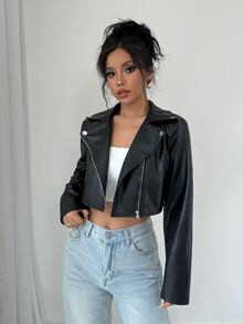 Rafferiza Biker-Style Short PU Leather Metal Decor Jacket For Women Fall Winter Cloth For Women - Black - View 7