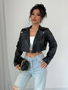 Rafferiza Biker-Style Short PU Leather Metal Decor Jacket For Women Fall Winter Cloth For Women - Black - View 6