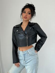 Rafferiza Biker-Style Short PU Leather Metal Decor Jacket For Women Fall Winter Cloth For Women - Black - View 5