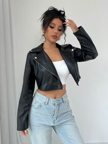 Rafferiza Biker-Style Short PU Leather Metal Decor Jacket For Women Fall Winter Cloth For Women - Black - View 8
