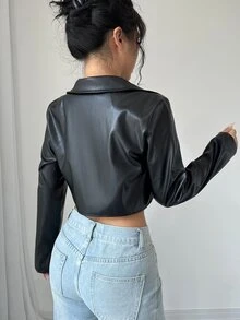 Rafferiza Biker-Style Short PU Leather Metal Decor Jacket For Women Fall Winter Cloth For Women - Black - View 2