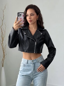 Rafferiza Biker-Style Short PU Leather Metal Decor Jacket For Women Fall Winter Cloth For Women - Black - View 1