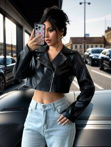 Rafferiza Biker-Style Short PU Leather Metal Decor Jacket For Women Fall Winter Cloth For Women - Black - View 3