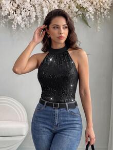 SHEIN Raffinéa Women Black Tie Back Halter Neck Sequins Blouse,70s Sleeveless Tops For Night Out,Party,Summer Date,Wedding Guest Business Casual Tops - Black - View 2