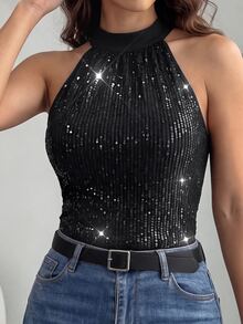 SHEIN Raffinéa Women Black Tie Back Halter Neck Sequins Blouse,70s Sleeveless Tops For Night Out,Party,Summer Date,Wedding Guest Business Casual Tops - Black - View 3