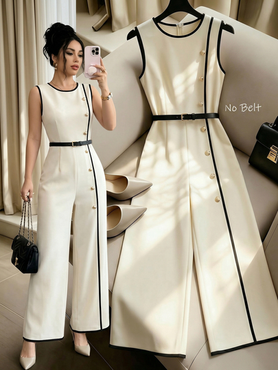 SHEIN Raffinéa Women's Elegant Casual Summer Jumpsuit Black And White Contrast-Stitched Sleeveless Button Design Straight-Leg Office Teachers' Day
