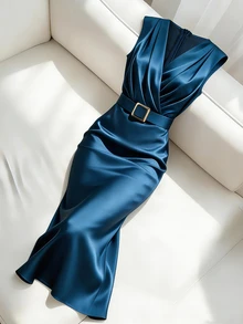 Rafferiza 女士优雅修身连衣裙、V领连衣裙、紧身连衣裙、商务连衣裙、缎面连衣裙、弹力连衣裙、光泽连衣裙、金属纽扣连衣裙、春夏连衣裙、叠穿连衣裙 - 水鴨藍 - 查看 4