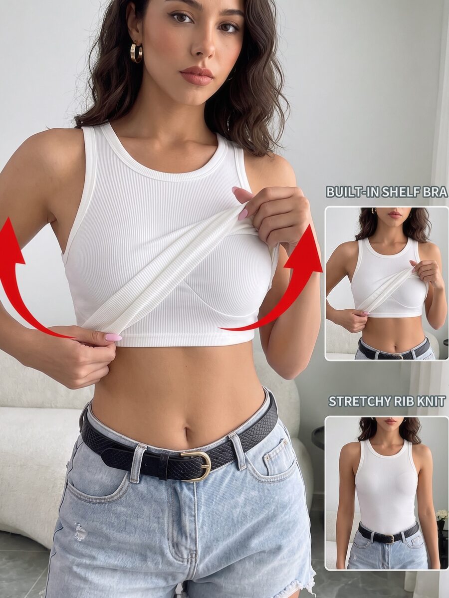 SHEIN Raffinéa 合身性感简约性感凤凰带衬垫罗纹吊带背心 - 白色 - 查看 1