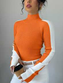 SHEIN Raffinéa 女式高领纯色插肩袖休闲百搭针织上衣 - 橘色 - 查看 3
