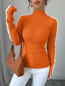 SHEIN Raffinéa 女式高领纯色插肩袖休闲百搭针织上衣 - 橘色 - 查看 4