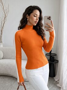 SHEIN Raffinéa 女式高领纯色插肩袖休闲百搭针织上衣 - 橘色 - 查看 1
