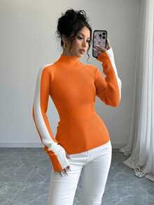 SHEIN Raffinéa 女式高领纯色插肩袖休闲百搭针织上衣 - 橘色 - 查看 7