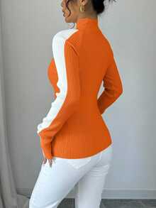 SHEIN Raffinéa 女式高领纯色插肩袖休闲百搭针织上衣 - 橘色 - 查看 2