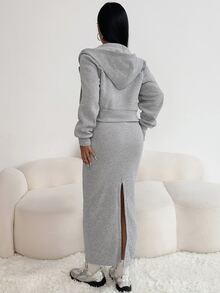 SHEIN Raffinéa 2 件套女士休闲连帽拉链夹克，收腰弹力针织工字背连衣裙，保暖内衬，适合秋冬季冬季两件套 - 杏色 - 查看 3