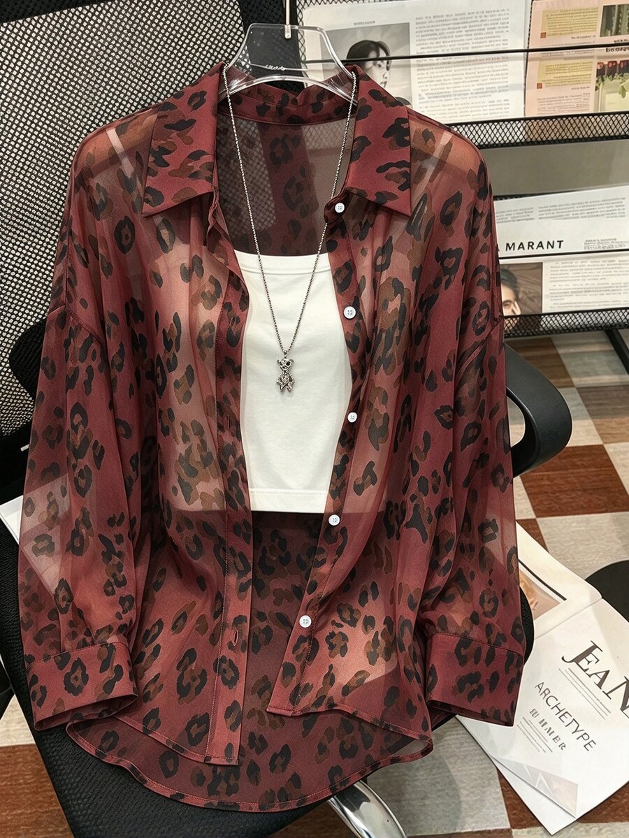 Resyla Plus Size Women's Leopard Print Single-Breasted Casual Daily Wear Shirt - Multicolor - View 1