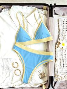 Elavelle Women's Summer Beach Colorblock Spaghetti Strap Sexy Bikini & Triangle Bottom Two-Piece Swimwear Set - Baby Blue - View 5