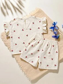 Cozy Pixies Baby Girl Summer Soft Comfortable Textured Ruffle Short Sleeve Top & Elastic Waist Shorts Casual Vacation 2-Piece Set - Multicolor - View 2