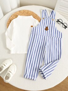 SHEIN Young Boy Cartoon Bear Striped Suspenders Romper - Blue - View 3