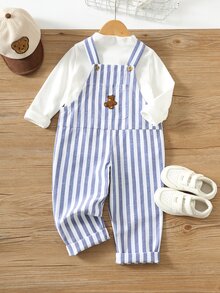 SHEIN Young Boy Cartoon Bear Striped Suspenders Romper - Blue - View 4