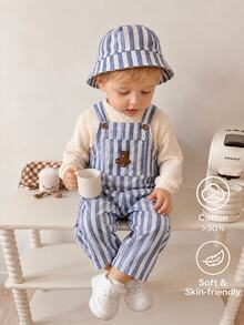 SHEIN Young Boy Cartoon Bear Striped Suspenders Romper - Blue - View 1