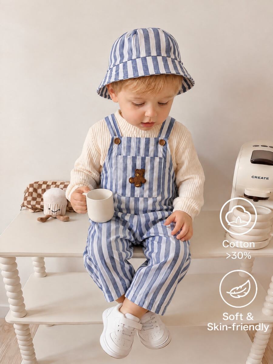 SHEIN Young Boy Cartoon Bear Striped Suspenders Romper - Blue - View 1