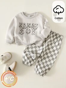 SHEIN 男女嬰兒/幼兒 2件組秋冬休閒可愛格紋運動衫套裝，嬰兒運動服，嬰兒冬季衣物，生日男孩 - 杏色 - 查看 4