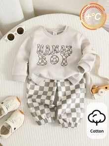 SHEIN 男女嬰兒/幼兒 2件組秋冬休閒可愛格紋運動衫套裝，嬰兒運動服，嬰兒冬季衣物，生日男孩 - 杏色 - 查看 3