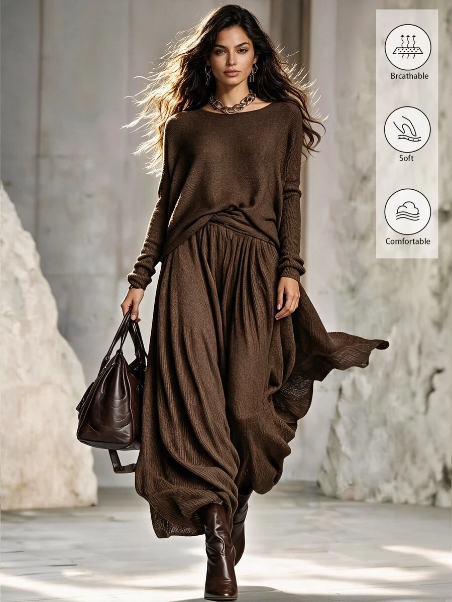 Everyssa Women's Solid Color Round Neck Long Sleeve Sweater And Knit Skirt Set Brunch Travel Dark Brown Fall Elegant Casual