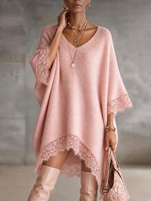 LUMIGAL Women's Solid Color V-Neck 3/4 Batwing Sleeve Contrast Lace Loose Knit Dress - Pink - View 5