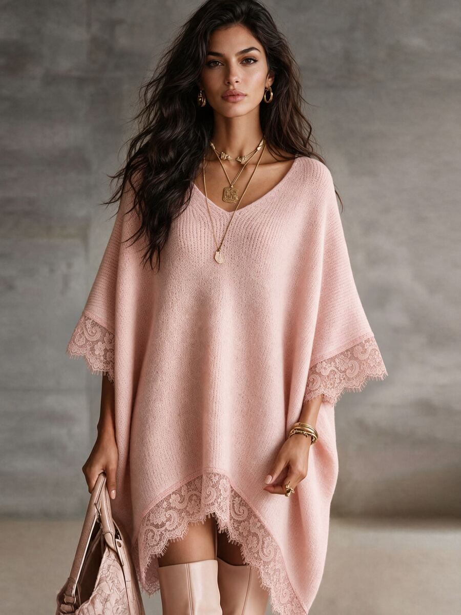 LUMIGAL Women's Solid Color V-Neck 3/4 Batwing Sleeve Contrast Lace Loose Knit Dress