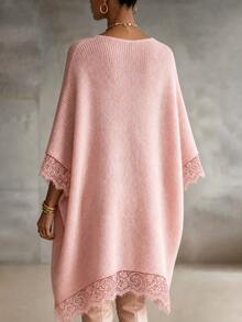 LUMIGAL Women's Solid Color V-Neck 3/4 Batwing Sleeve Contrast Lace Loose Knit Dress - Pink - View 3