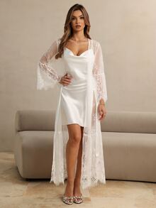HautHeat Women's Lace Patchwork Camisole Dress And Robe Sexy Daily Sleepwear Set - White - View 4