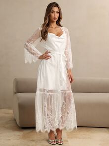 HautHeat Women's Lace Patchwork Camisole Dress And Robe Sexy Daily Sleepwear Set - White - View 5