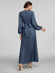 Veilorie 女款優雅菲律賓風交叉領綁帶後背燈籠袖百褶下擺保守長袖阿拉伯式禮服，洗禮賓客晚宴秋季穿搭 - 霧霾藍 - 查看 8