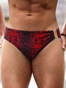 Surfspeed Men's Red Snake King All-Over Print Triangle Swim Trunks With Metal Decor,Red And Leopard Print,Summer,Casual,Beach,Holiday,Vacation,Holiday Swimwear - Red - View 2