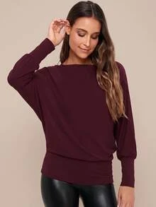 Amorya Women's New Elegant Round Neck Comfortable Knit Tee Top For Casual Brunch Dark Red Autumn - Burgundy - View 1