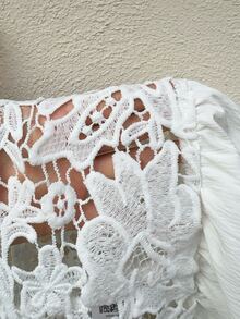 Sunnyshic Women's White Lace Jacquard Splice Off Shoulder Blouse, Boho Hollow Bow Tie Buttoned Textured Short Sleeve Top For Summer Holiday Vacation - White - View 6