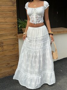 Sunnyshic Women's White Lace Jacquard Splice Off Shoulder Blouse, Boho Hollow Bow Tie Buttoned Textured Short Sleeve Top For Summer Holiday Vacation - White - View 5