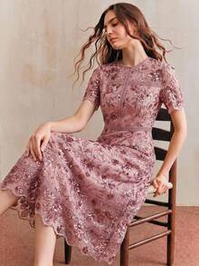 Anewsta Affair Modern Elegant Pink Party Date 3D Floral Mesh Sequin Short Sleeve Dress - Pink - View 3